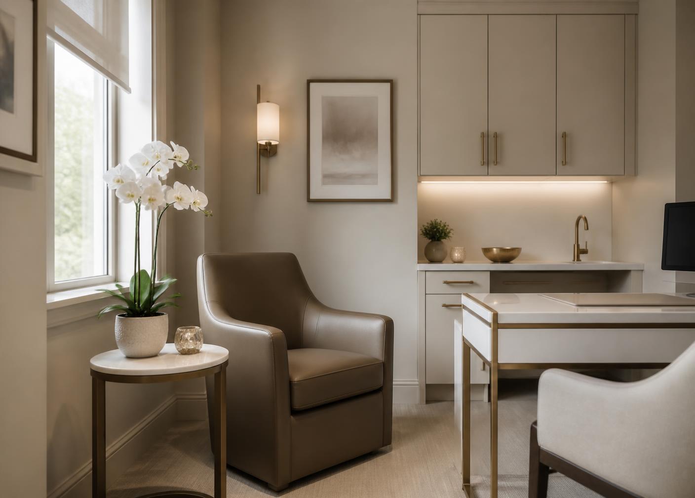 Private, softly lit consultation room with cream walls and brass details